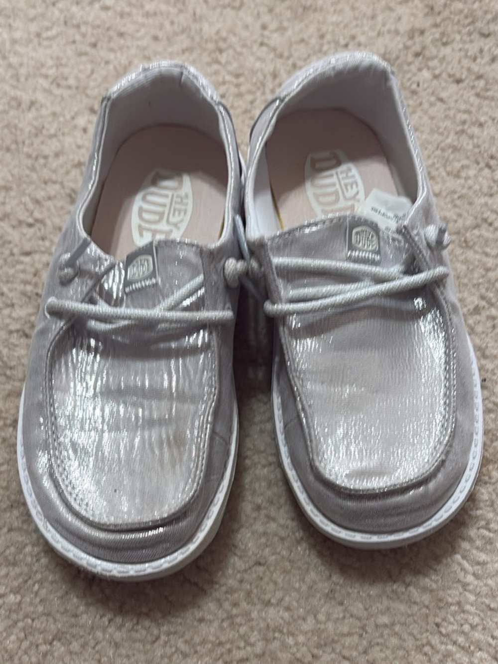Hey Dude Kids Silver Slip-On Boat Shoes Size 1 EUC